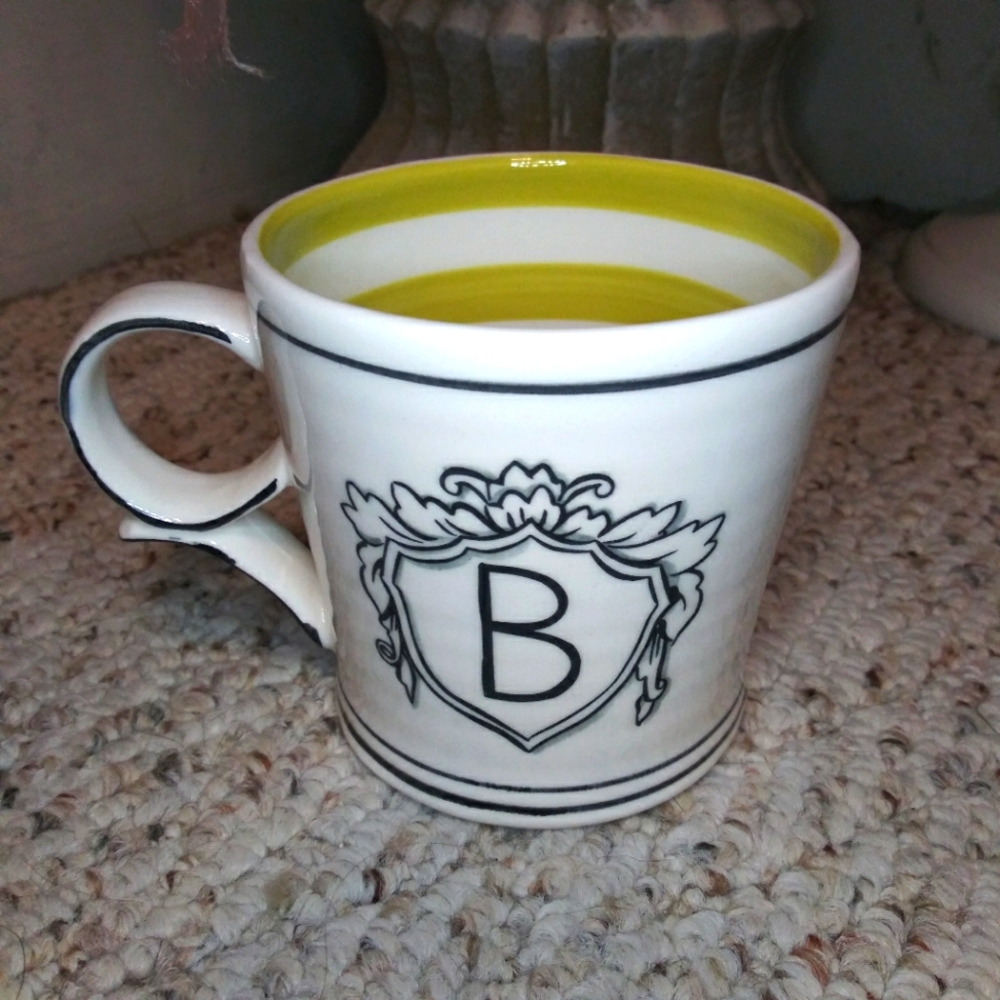 Anthropologie Molly Hatch Shield "B" Initial & Lime Stripe Coffee Mug - Picture 3 of 6